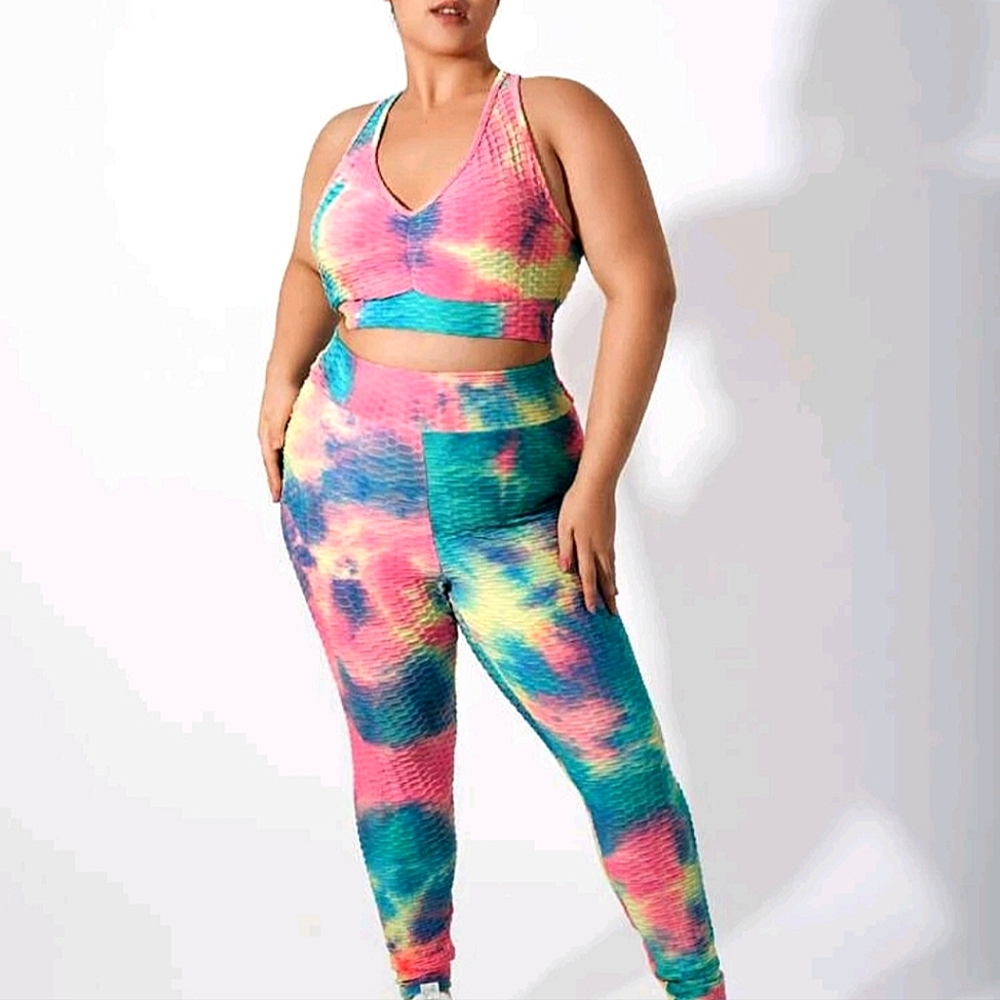 SHEIN 2XL Tie Dye Print Honeycomb Textured Criss Cross Back Sports Set